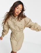 Asos Design Twill Body-conscious Mini Shirt Dress With Topstitching In Brown-neutral