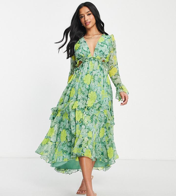 Asos Design Petite Plunge Front Ruffle Printed Floral Midi Dress With Lattice Tie Back Detail-multi