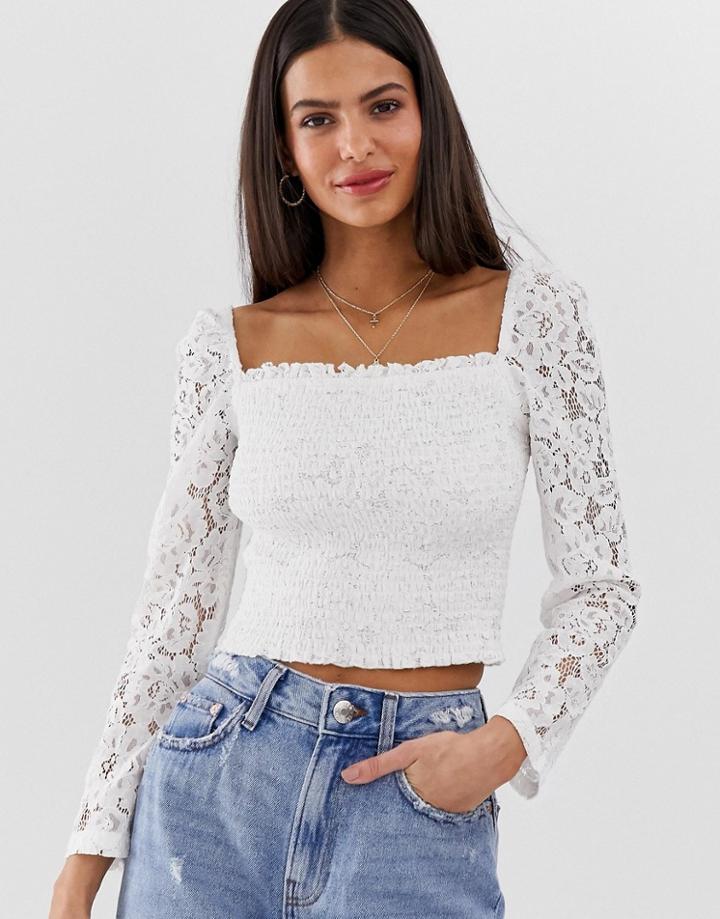 River Island Shirred Top With Lace Sleeves In White