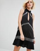 Religion Sleeveless Mini Dress With Beaded Trim - Black