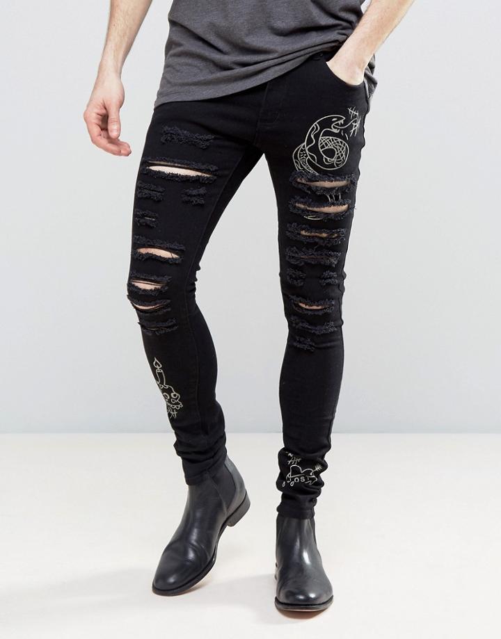 Liquor & Poker Black Wash Doodle Extreme Rips Skinny Jean - Blue