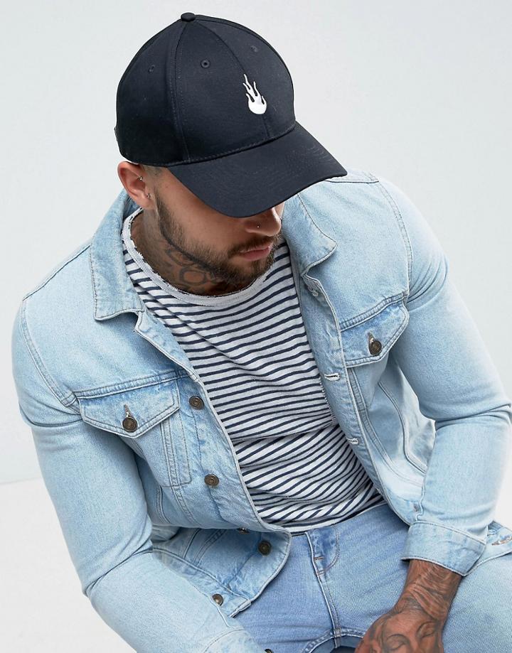 Asos Baseball Cap In Black With White Flame Embroidery - Black