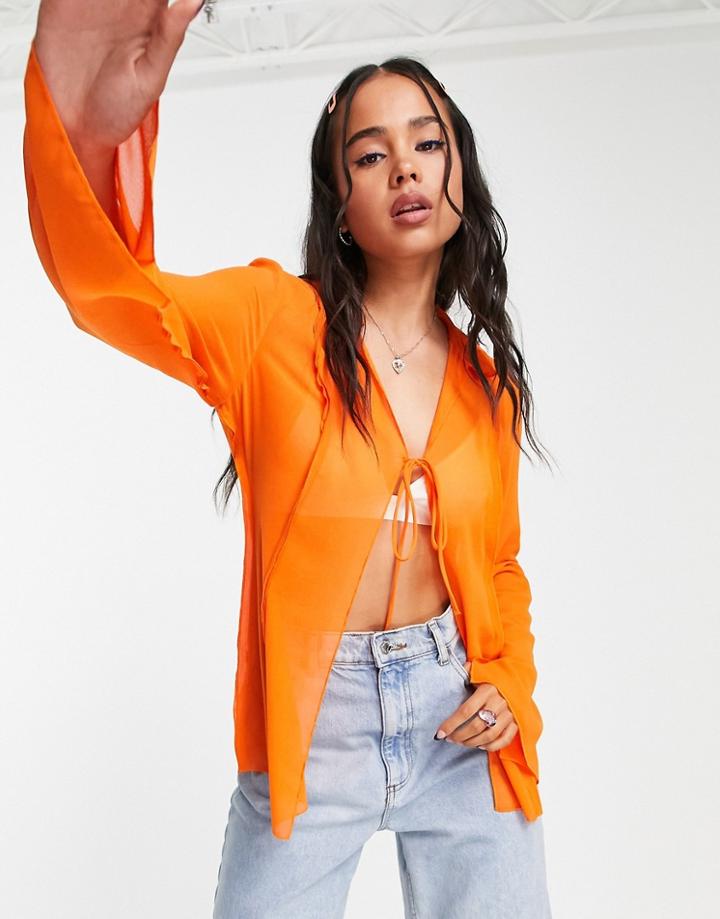 Weekday Recycled Polyester Tie Front Blouse In Bright Orange