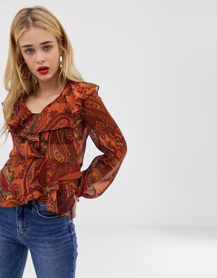 Stradivarius Frill Neck Blouse In Paisley Print - Orange