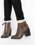 London Rebel Square Toe Zip Heeled Ankle Boots - Gray Pu