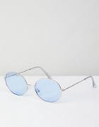 Asos 90s Oval Metal Fashion Sunglasses With Blue Colored Lens - Silver
