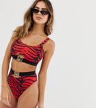 Wolf & Whistle Bikini Bottom With Buckle In Tiger Print - Multi