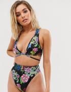 Asos Design Recycled High Leg High Waist Bikini Bottom In Tattoo Rose Print - Multi