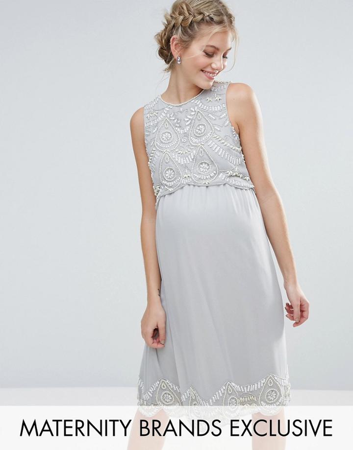 Maya Maternity Embellished Scallop Bodice And Hem Midi Dress - Gray