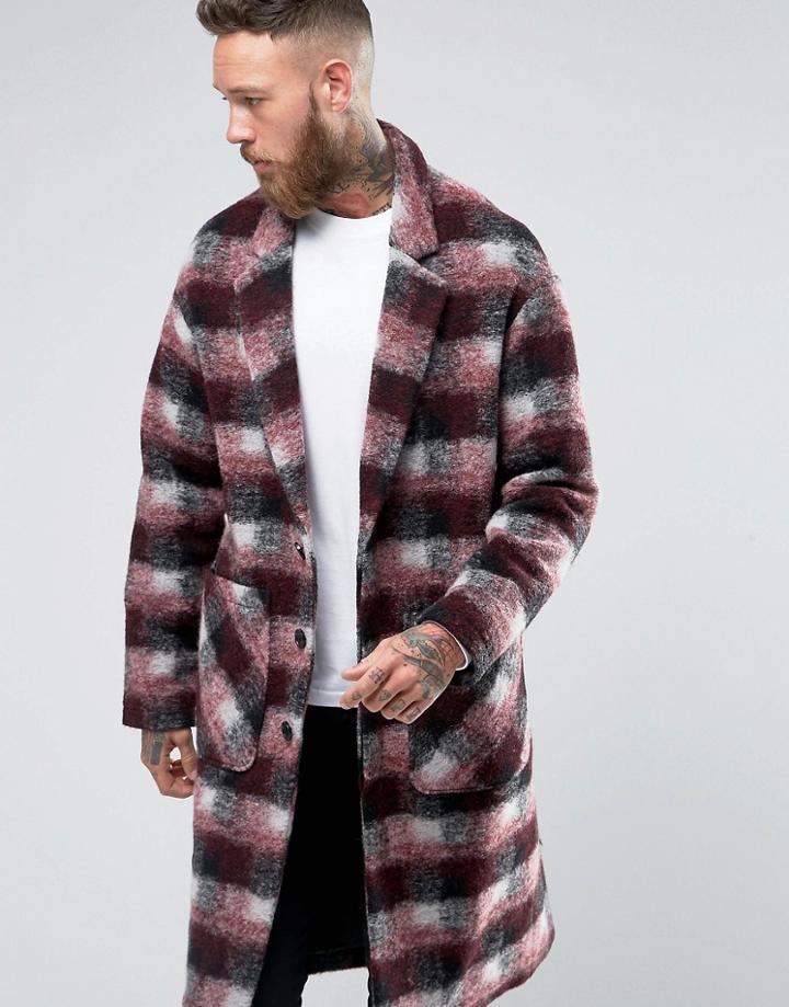 Asos Checked Overcoat In Red - Red