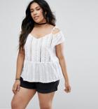 Asos Curve Broderie Trim Cold Shoulder Top With Tassels - White
