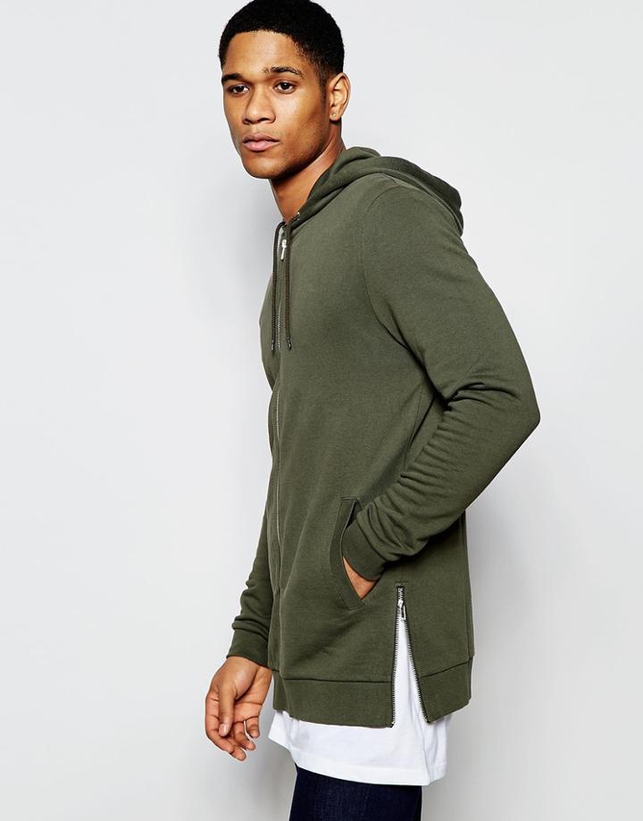 Asos Longline Hoodie With Zips In Khaki - Khaki
