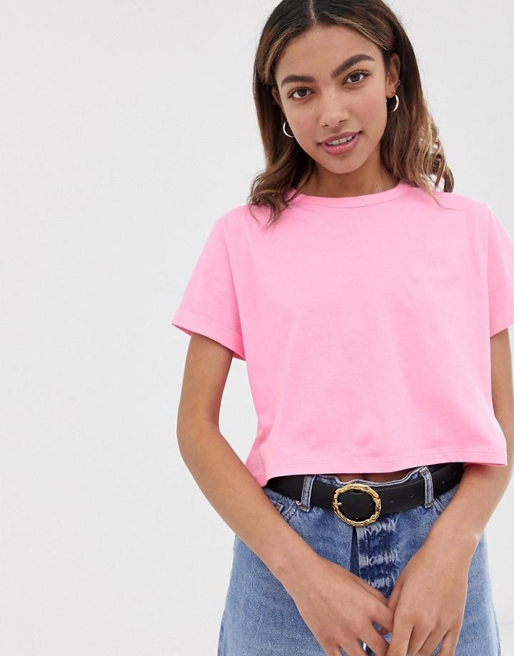 Asos Design Organic Cotton Crop T-shirt With Roll Sleeve In Pink - Pink