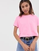 Asos Design Organic Cotton Crop T-shirt With Roll Sleeve In Pink - Pink