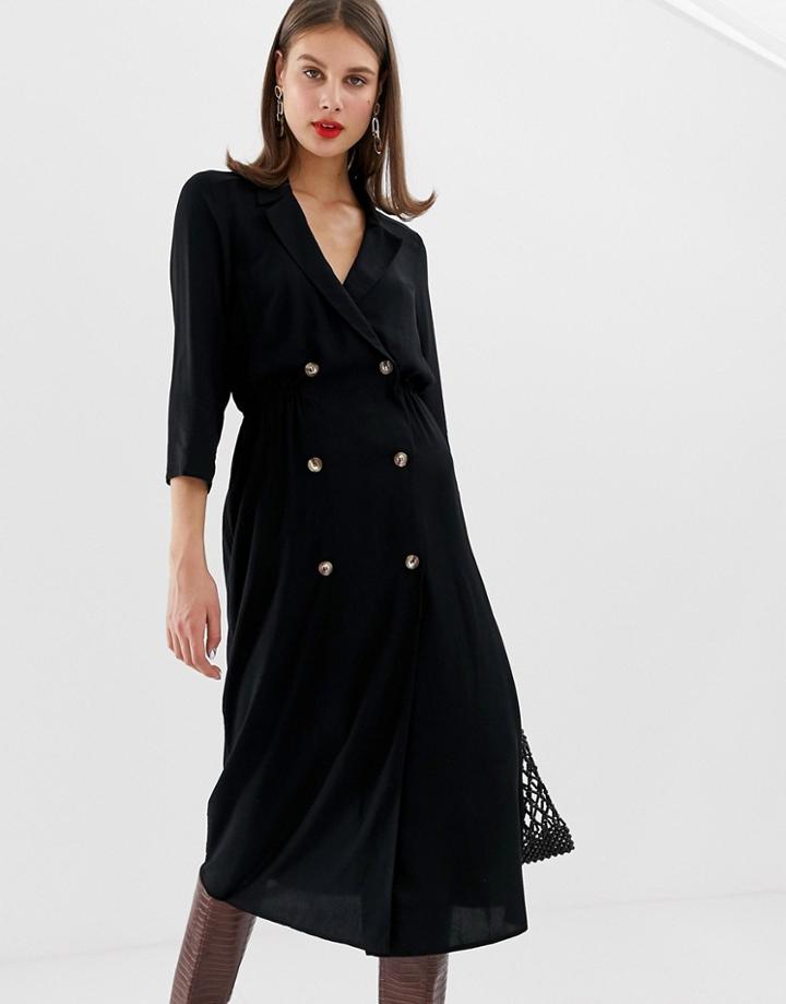 Asos Design Double Button Through Collared Midi Shirt Dress-black