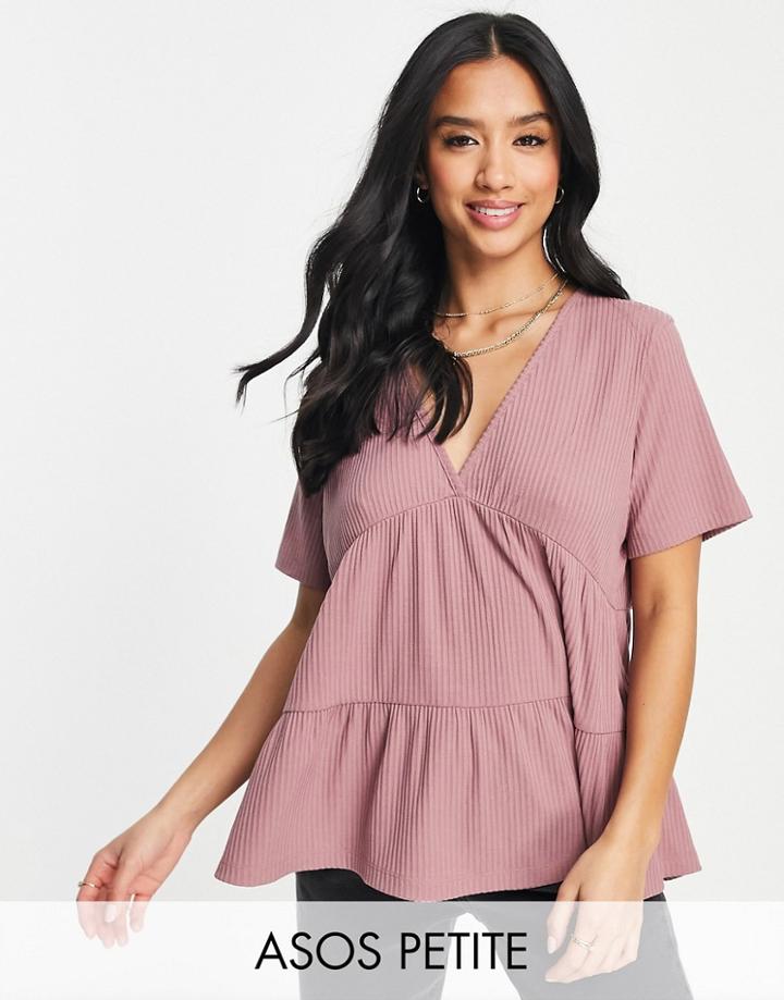 Asos Design Petite Smock Top In Rib With V Neck In Washed Pink