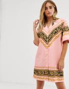Criminal Damage Oversized Shirt Dress With Baroque Panel Print-pink