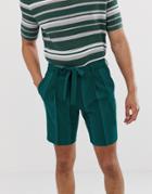 Asos Design Tapered Smart Shorts In Green Stripe With Tie Belt - Green