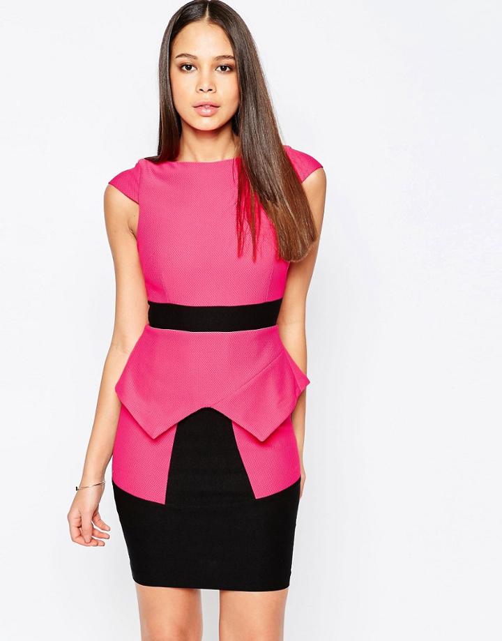 Vesper Suki Pencil Dress With Peplum And Contrast Waistband - Pink
