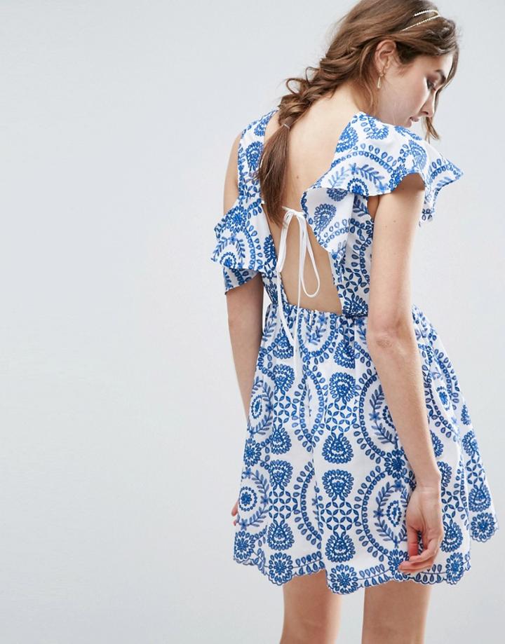 Asos Premium Sleeveless Broderie Skater Dress With Ruffle And Open Back - Multi