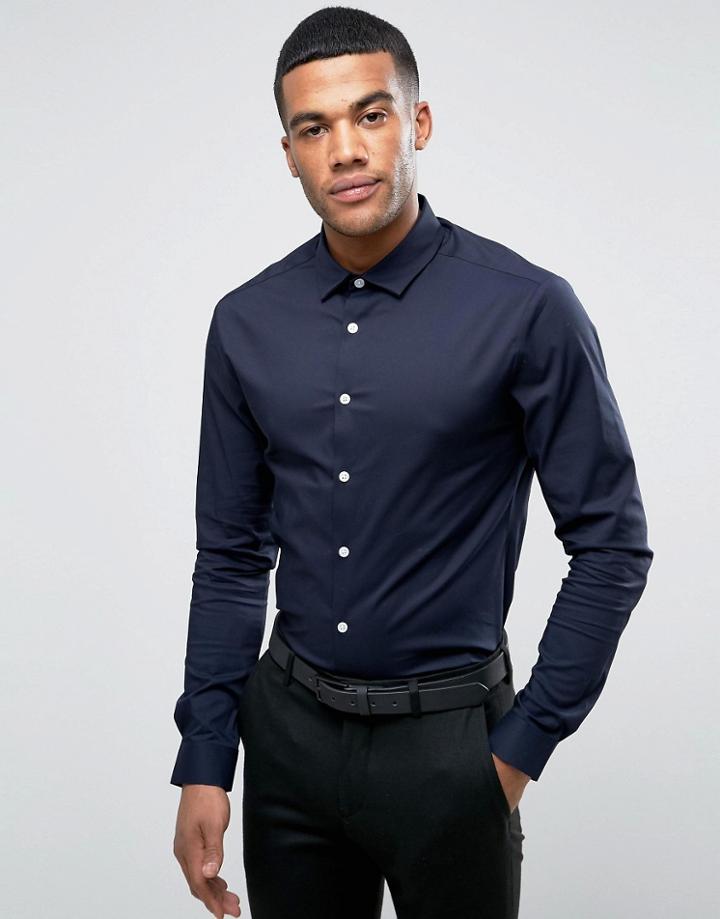 Asos Super Skinny Shirt With Stretch In Navy - Navy