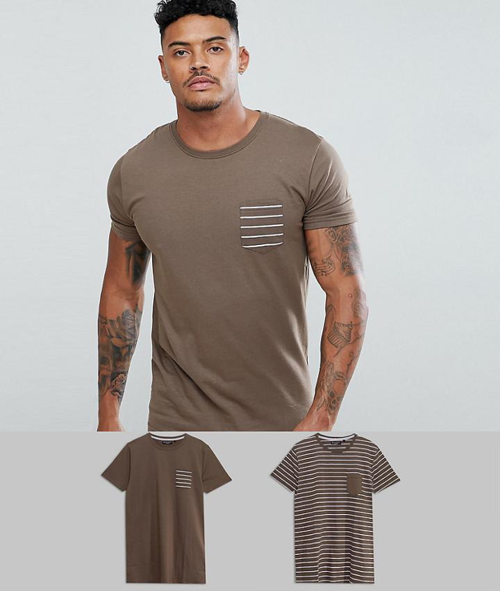 Brave Soul 2 Pack Stripe And Plain T-shirt - Tan