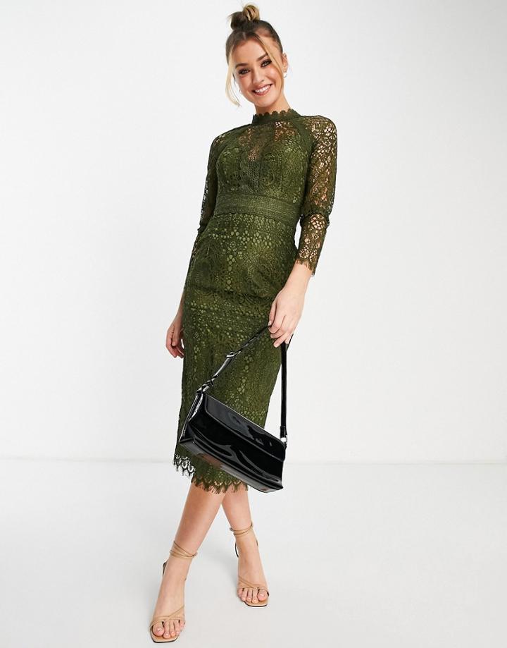 Asos Design Lace Pencil Midi Dress With Lace Trim In Khaki-green