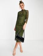 Asos Design Lace Pencil Midi Dress With Lace Trim In Khaki-green