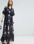 Asos Premium Maxi Dress With Eyelash Lace And Embroidery - Navy