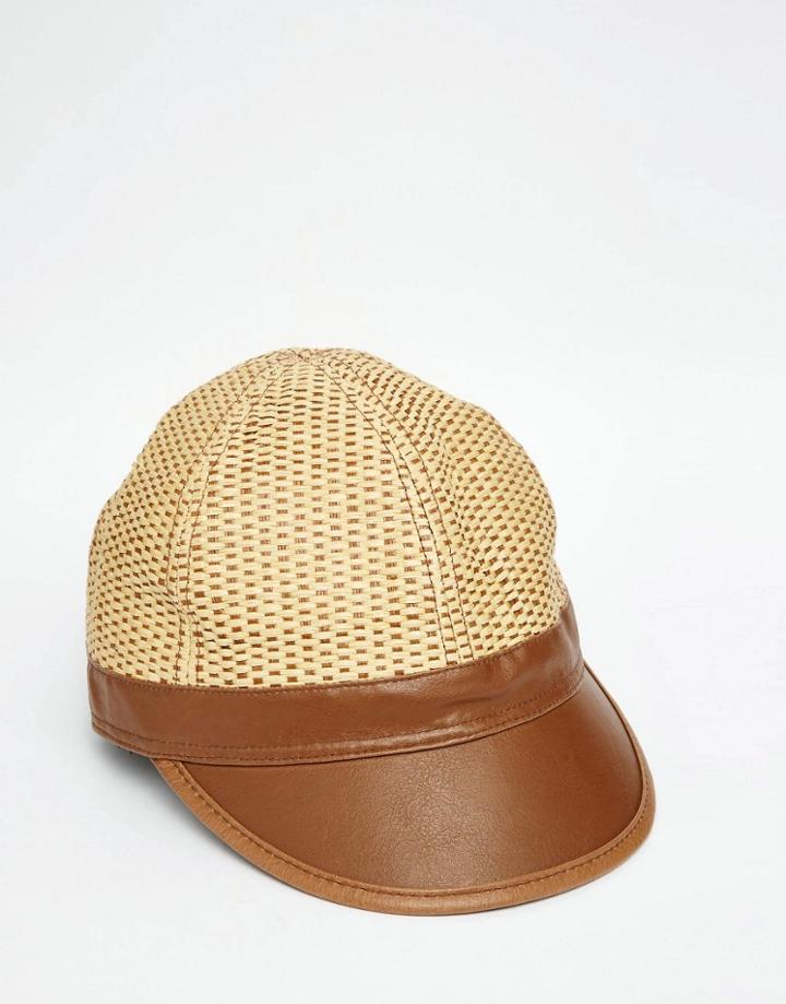 Asos Staw Cap With Faux Leather Peak - Natural