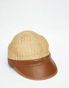 Asos Staw Cap With Faux Leather Peak - Natural