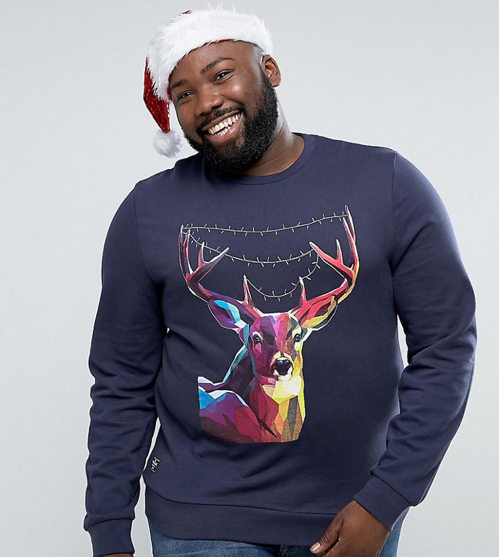 Threadbare Plus Holidays Reindeer Sweat - Navy