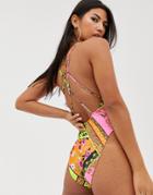 Asos Design Strappy Back High Leg Swimsuit In Mixed Scarf Print - Multi