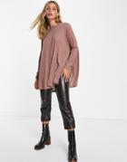 Asos Design Top With Side Splits And Long Sleeve In Clean Rib In Dusty Rose-pink