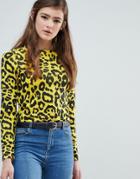 Asos Design Crew Neck Sweater In Leopard Print - Yellow