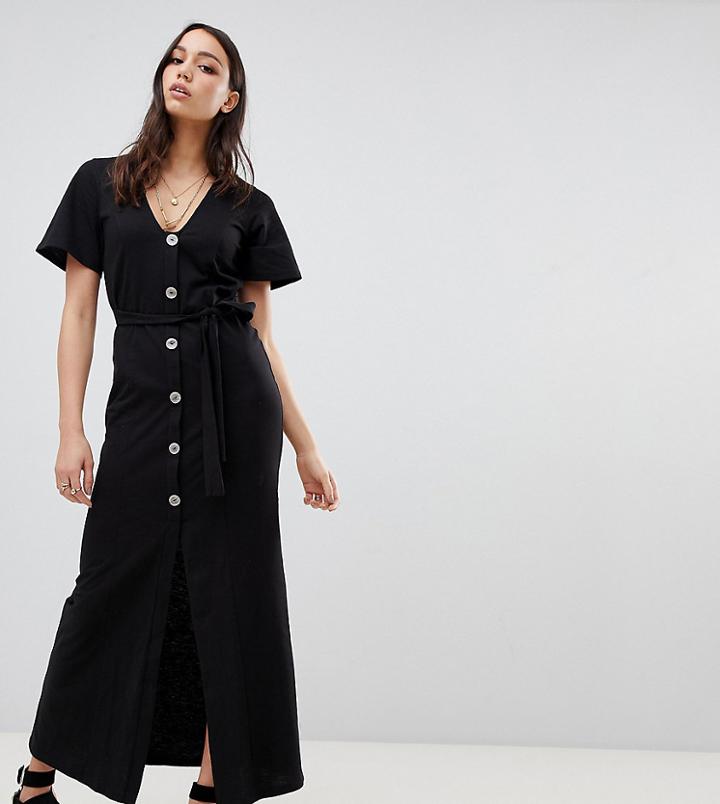 Asos Design Tall Faux Shell Button Through Maxi Tea Dress - Black
