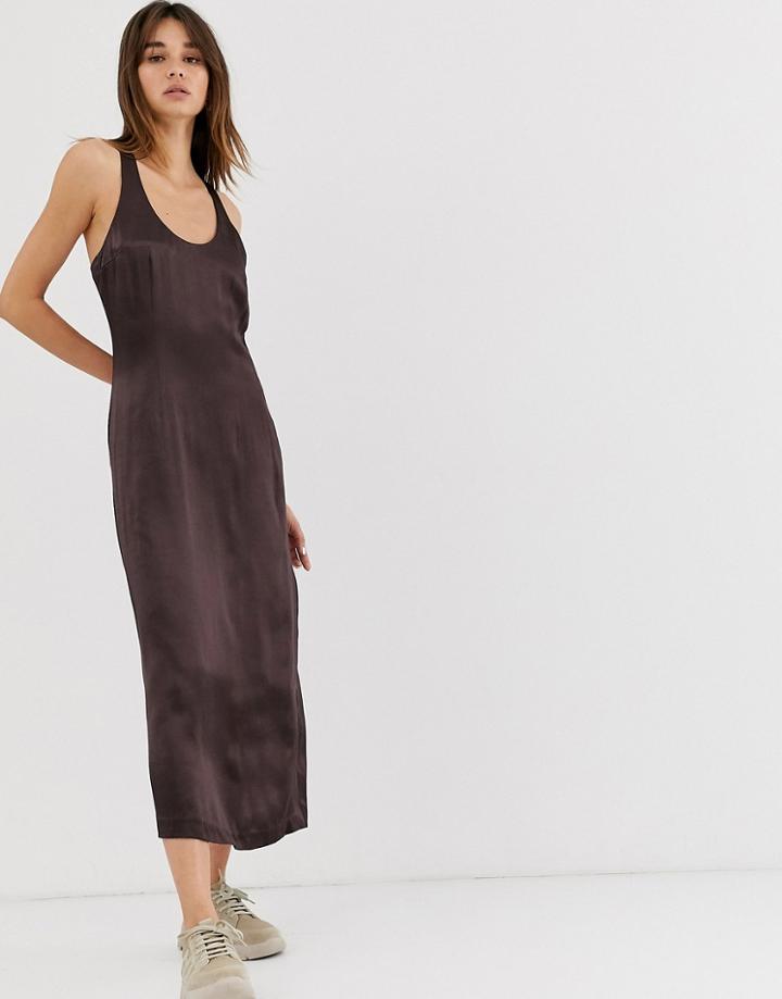 Weekday Limited Edition Satin Midi Dress In Dark Brown - Brown