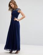 Little Mistress Maxi Dress With Embellished Lace Sleeves - Navy