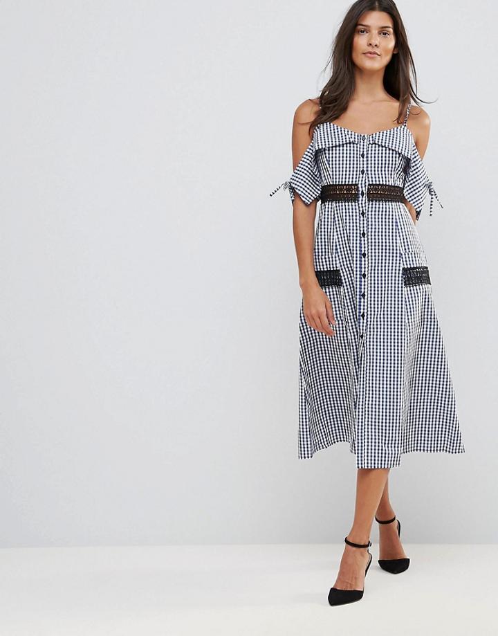 Millie Mackintosh Covent Gingham Cold Shoulder Midi Dress - Blue