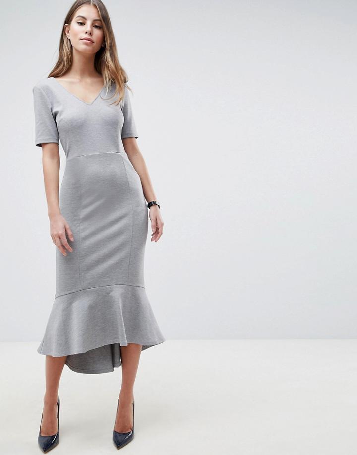 Asos Design Pep Hem Midi Dress With V Neck And Pockets - Gray