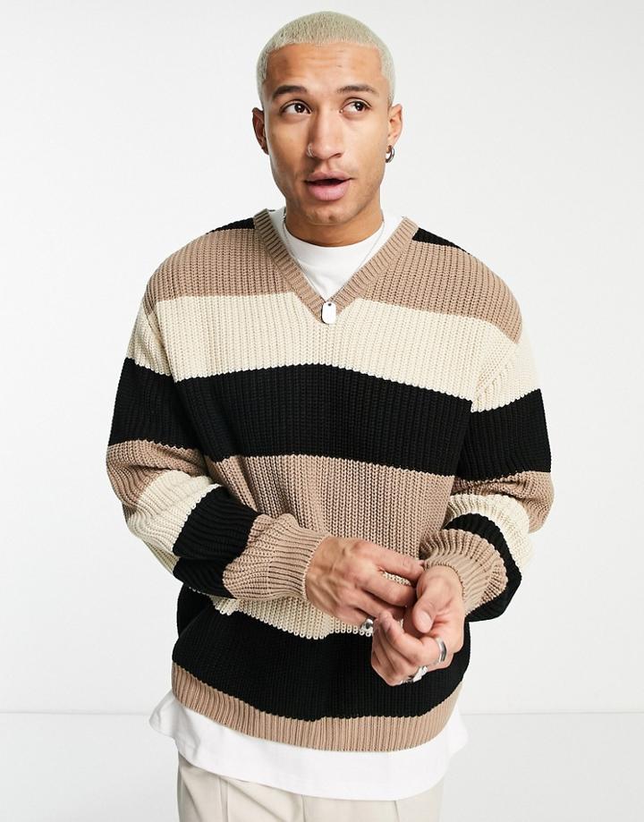Asos Design Knit V-neck Stripe Sweater In Beige-neutral
