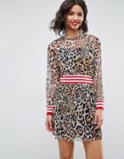 Asos Leopard Print Mesh Skater Dress With Rib Detail - Multi