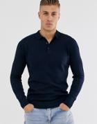 Brave Soul Knitted Long Sleeve Polo In Navy - Navy
