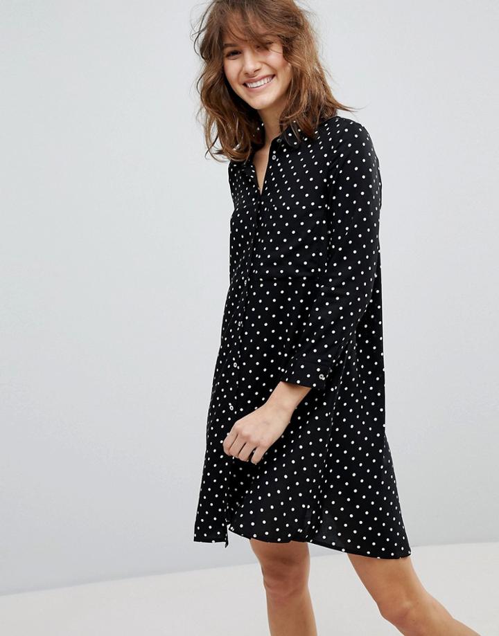 Stradivarius Polka Dot Shirt Dress - Black