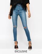 Liquor & Poker High Rise Ankle Skinny Jeans With Ripped Knee & Raw Hem Detail - Blue