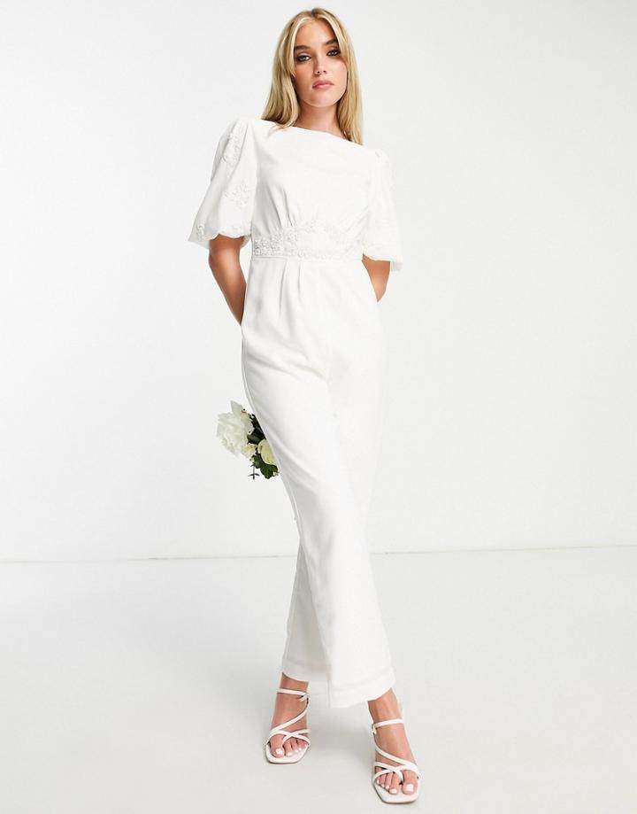 Hope & Ivy Bridal Puff Sleeve Bow Back Jumpsuit In Ivory-white