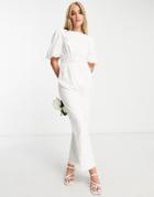 Hope & Ivy Bridal Puff Sleeve Bow Back Jumpsuit In Ivory-white