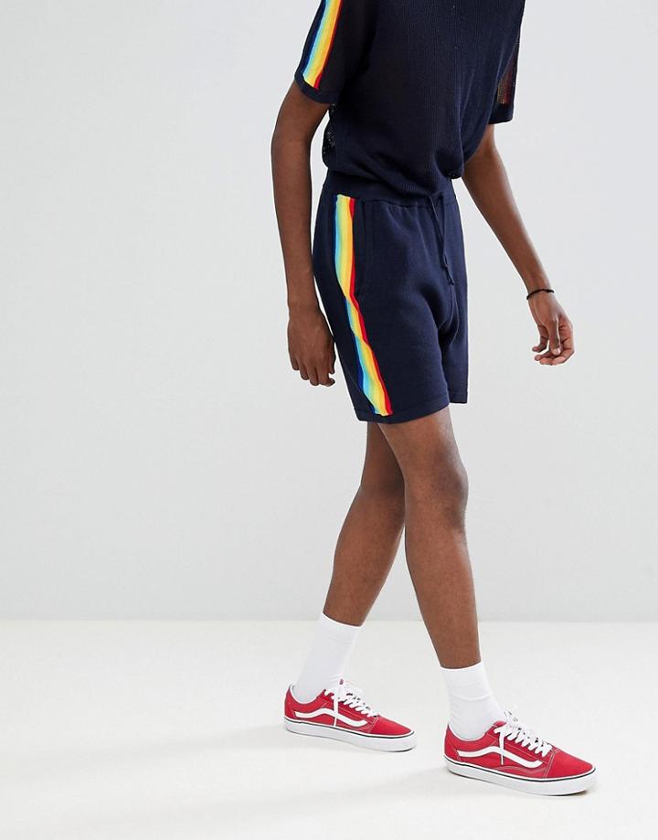 Asos Design Knitted Shorts With Rainbow Stripe In Navy - Navy