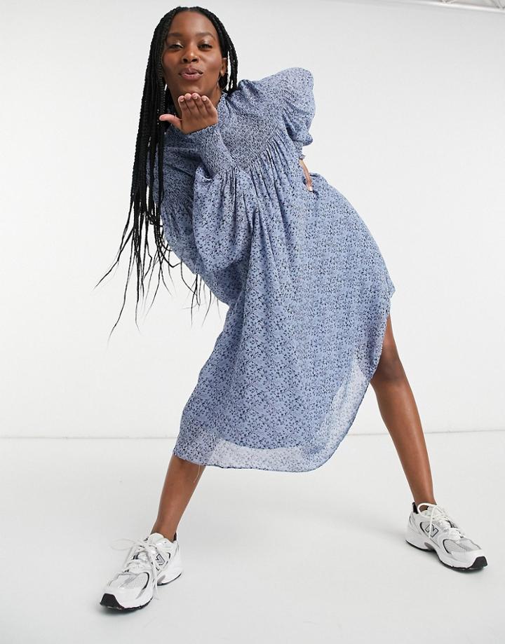 & Other Stories High Neck Mini Dress In Blue Floral-blues