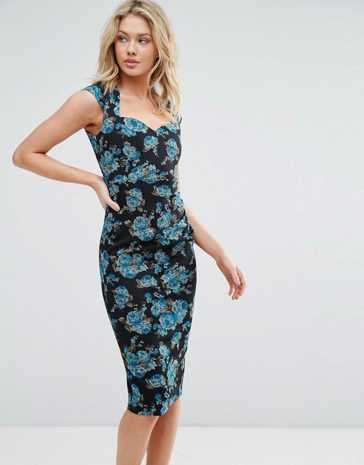 Vesper Floral Midi Pencil Dress - Blue